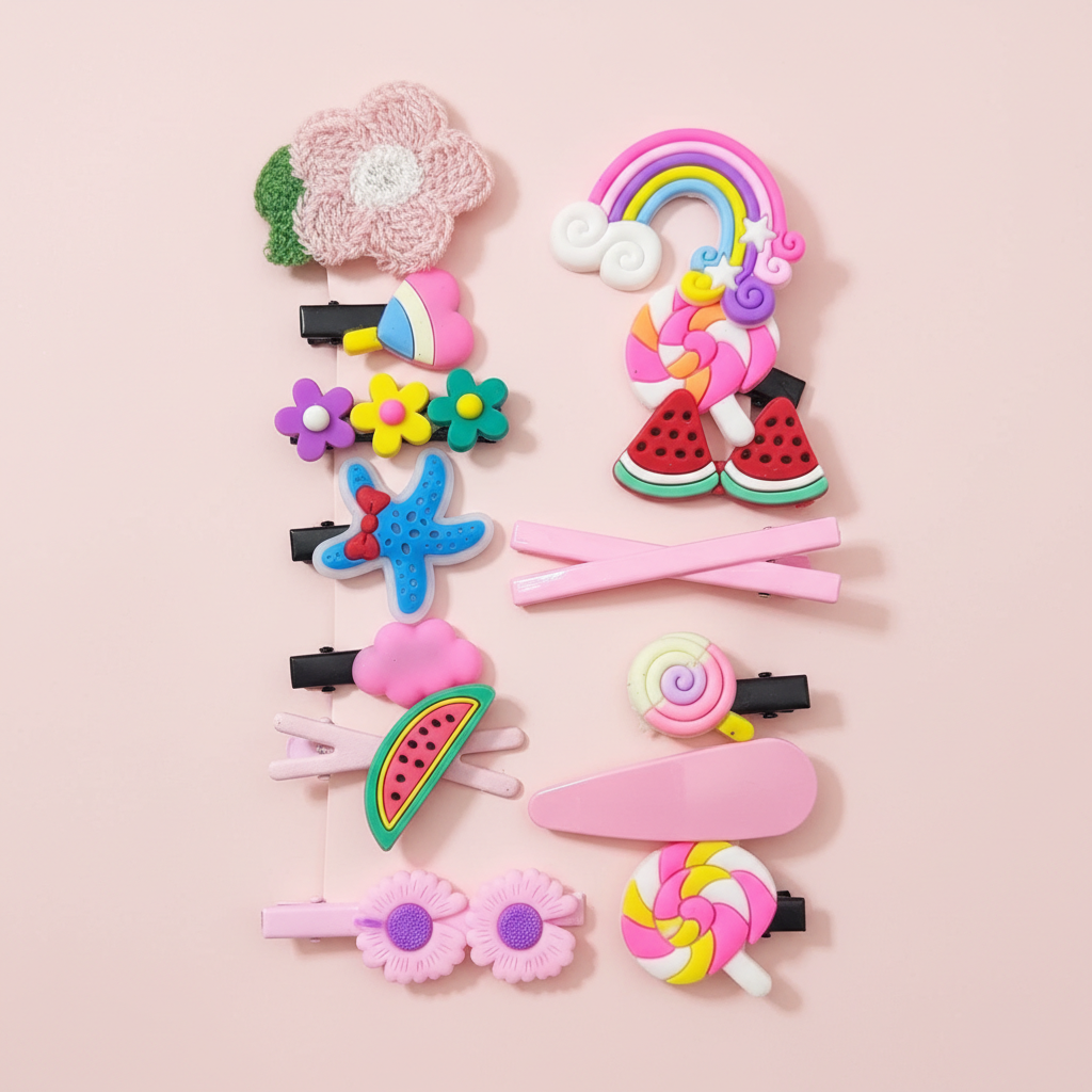 Set of 14 Assorted Kids Hair Clips – Cute Cartoon & Fruit Collection