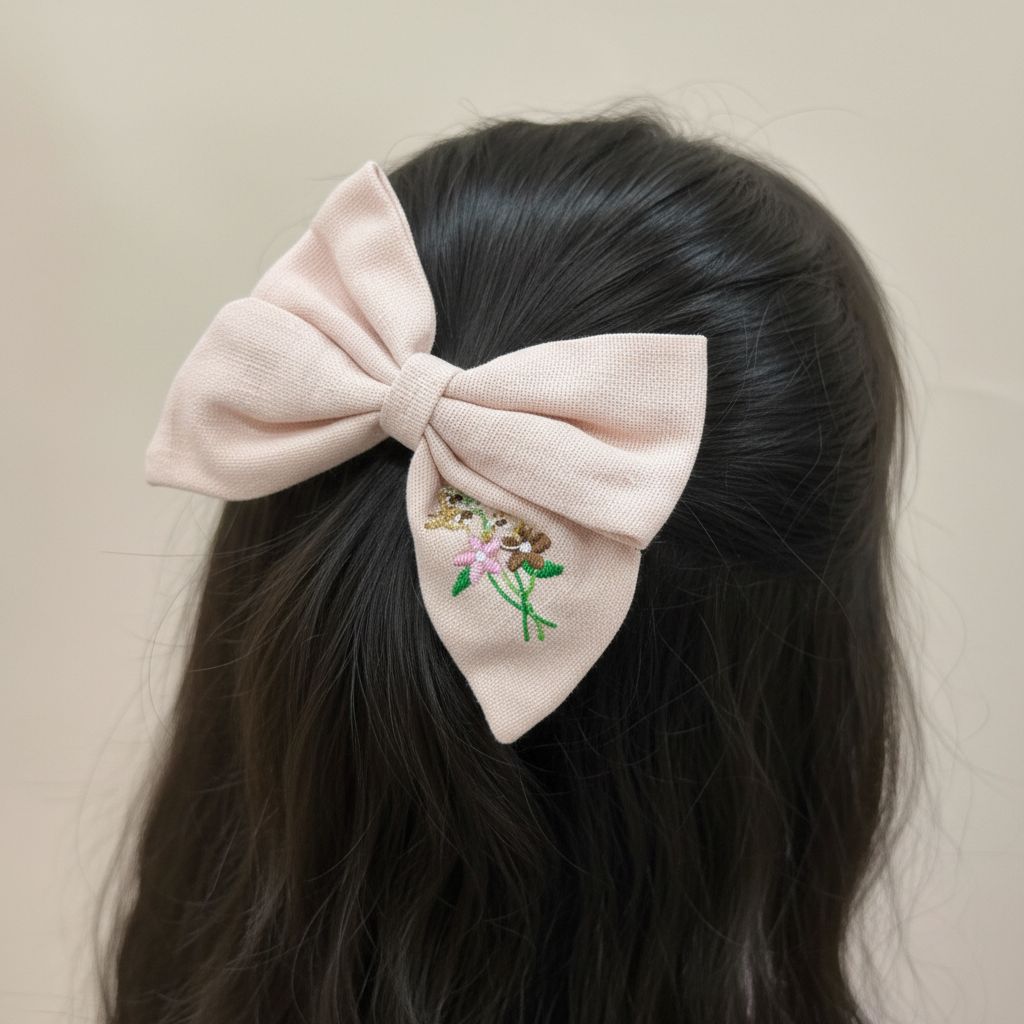 Embroidered Linen Bow Hair Clip – Floral Statement Bow