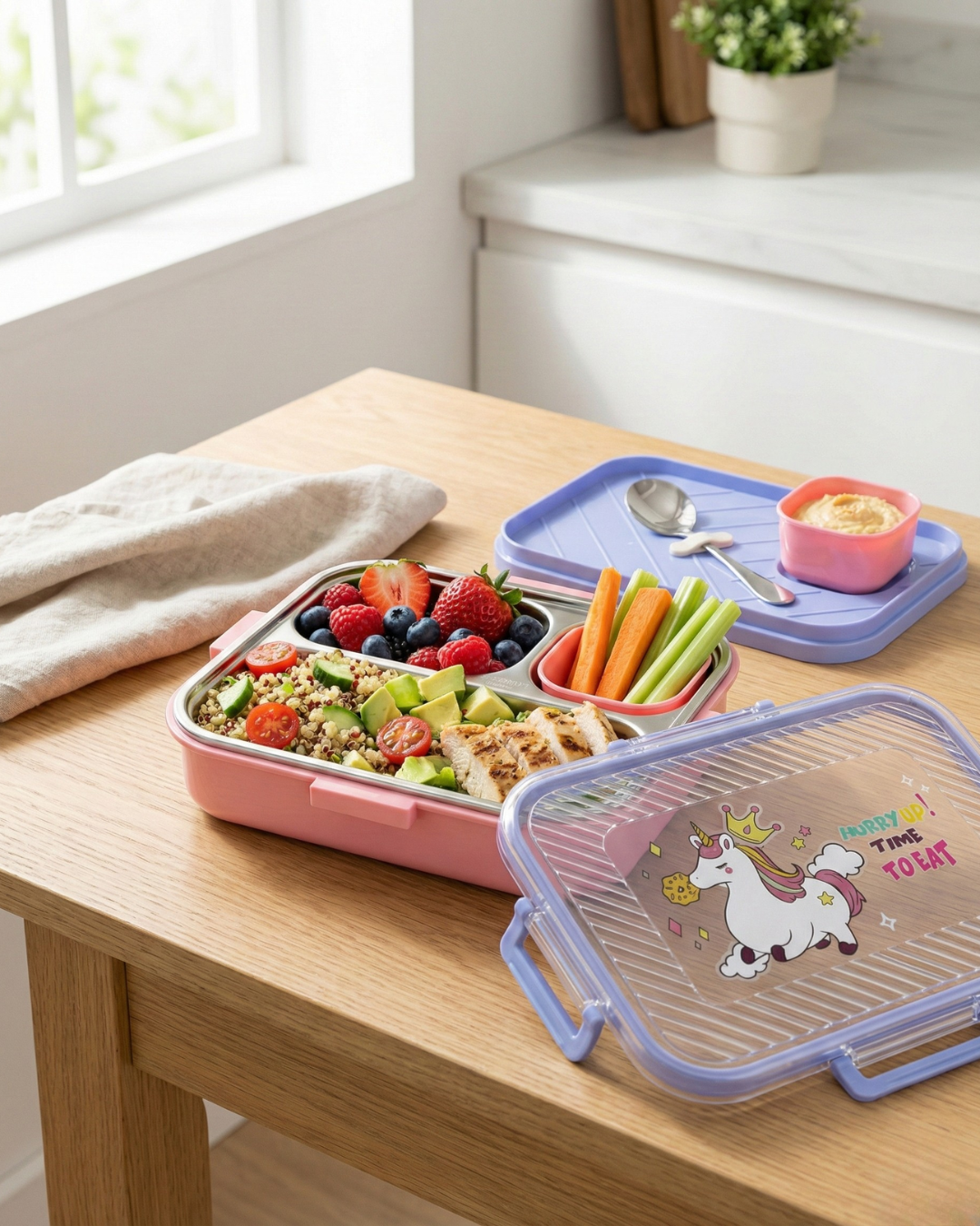Kids Stainless Steel Cartoon Lunch Box with Spoon & Sauce Box (3 Colors)