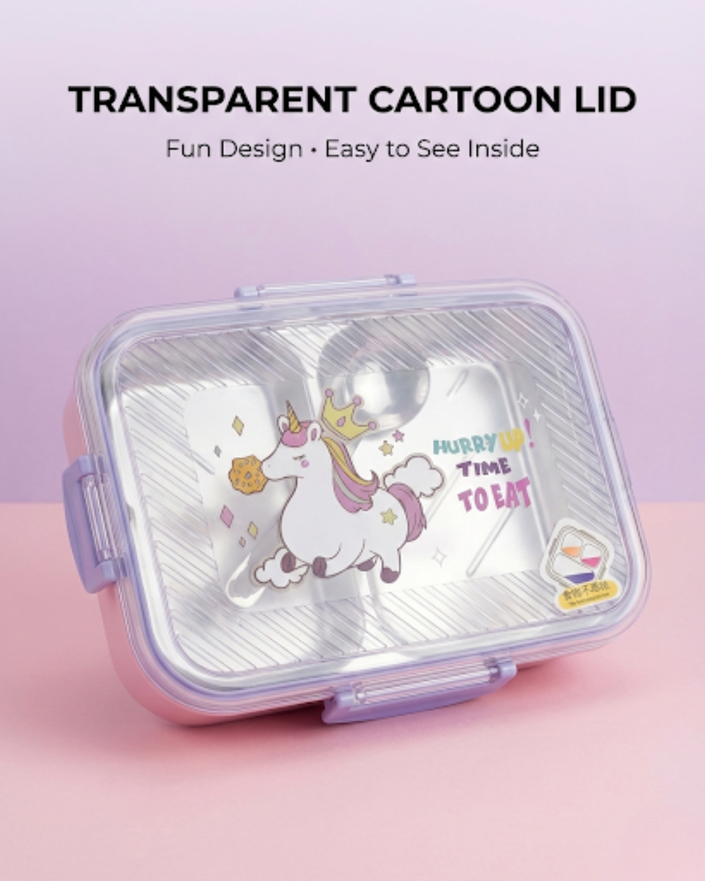 Kids Stainless Steel Cartoon Lunch Box with Spoon & Sauce Box (3 Colors)