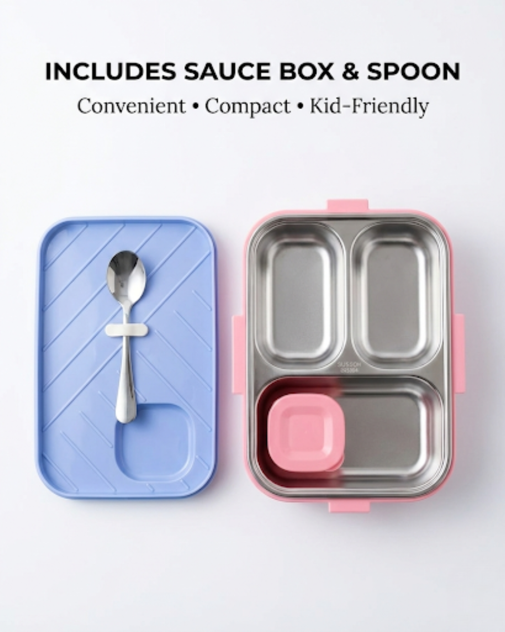 Kids Stainless Steel Cartoon Lunch Box with Spoon & Sauce Box (3 Colors)