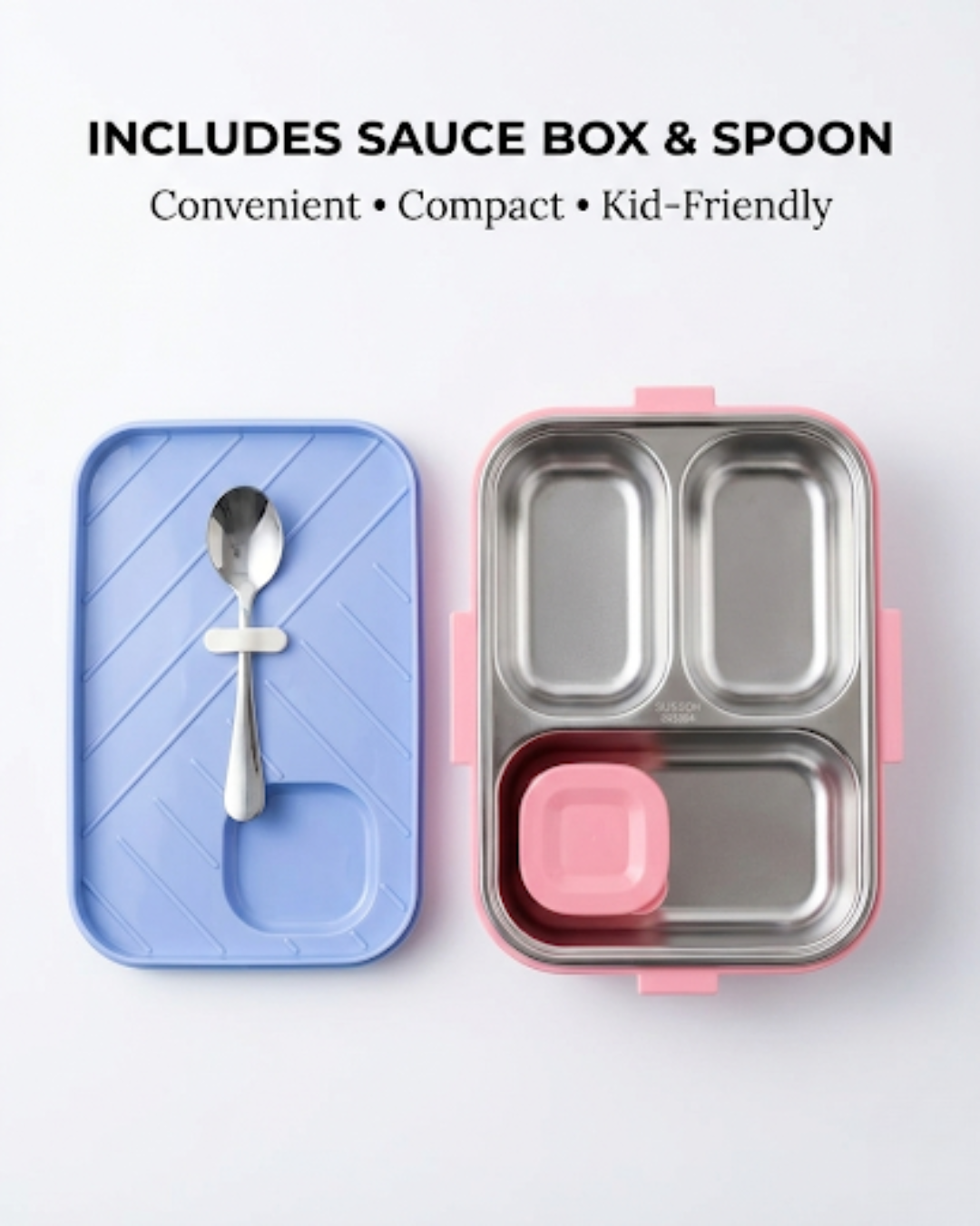 Kids Stainless Steel Cartoon Lunch Box with Spoon & Sauce Box (3 Colors)
