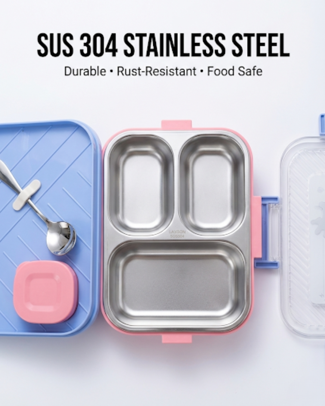 Kids Stainless Steel Cartoon Lunch Box with Spoon & Sauce Box (3 Colors)