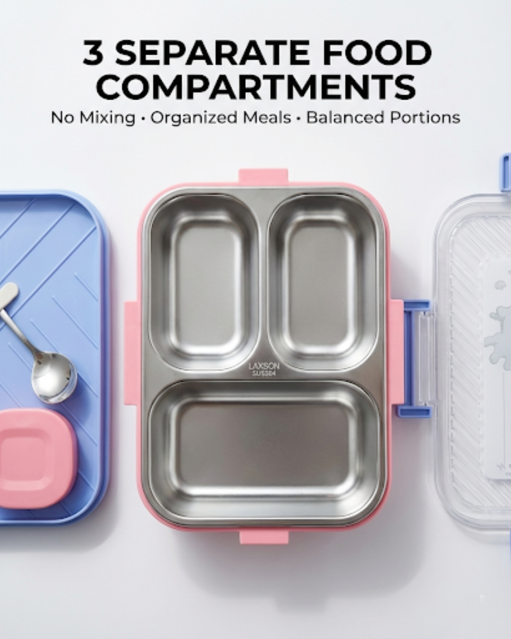 Kids Stainless Steel Cartoon Lunch Box with Spoon & Sauce Box (3 Colors)