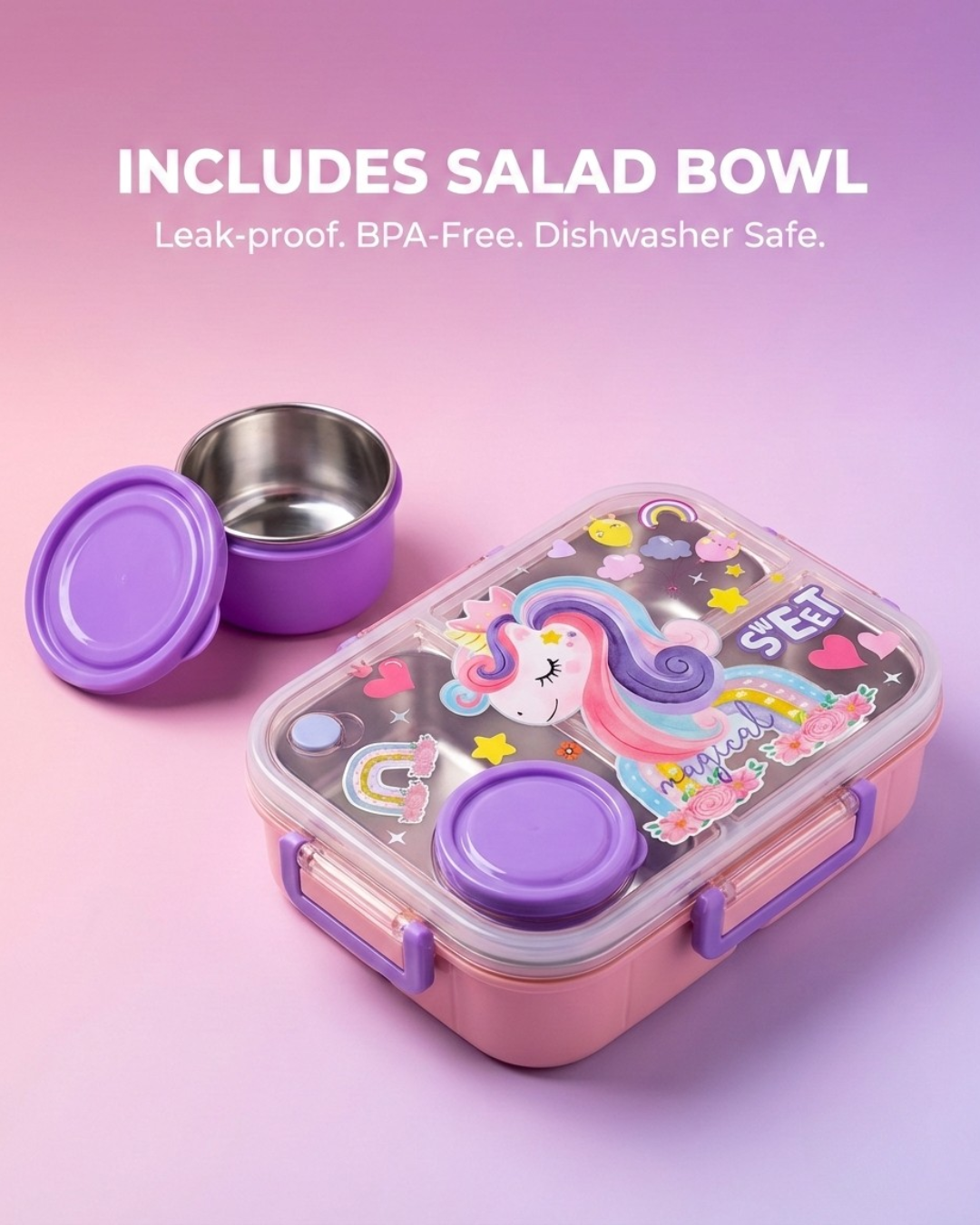 Kids Stainless Steel Bento Lunch Box with Salad Bowl & Cutlery (3 Designs)