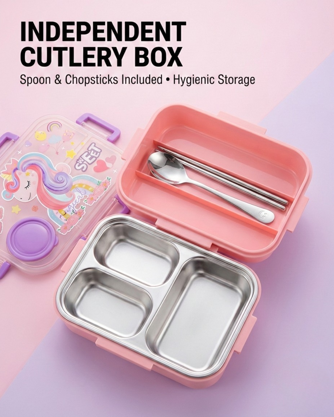 Kids Stainless Steel Bento Lunch Box with Salad Bowl & Cutlery (3 Designs)