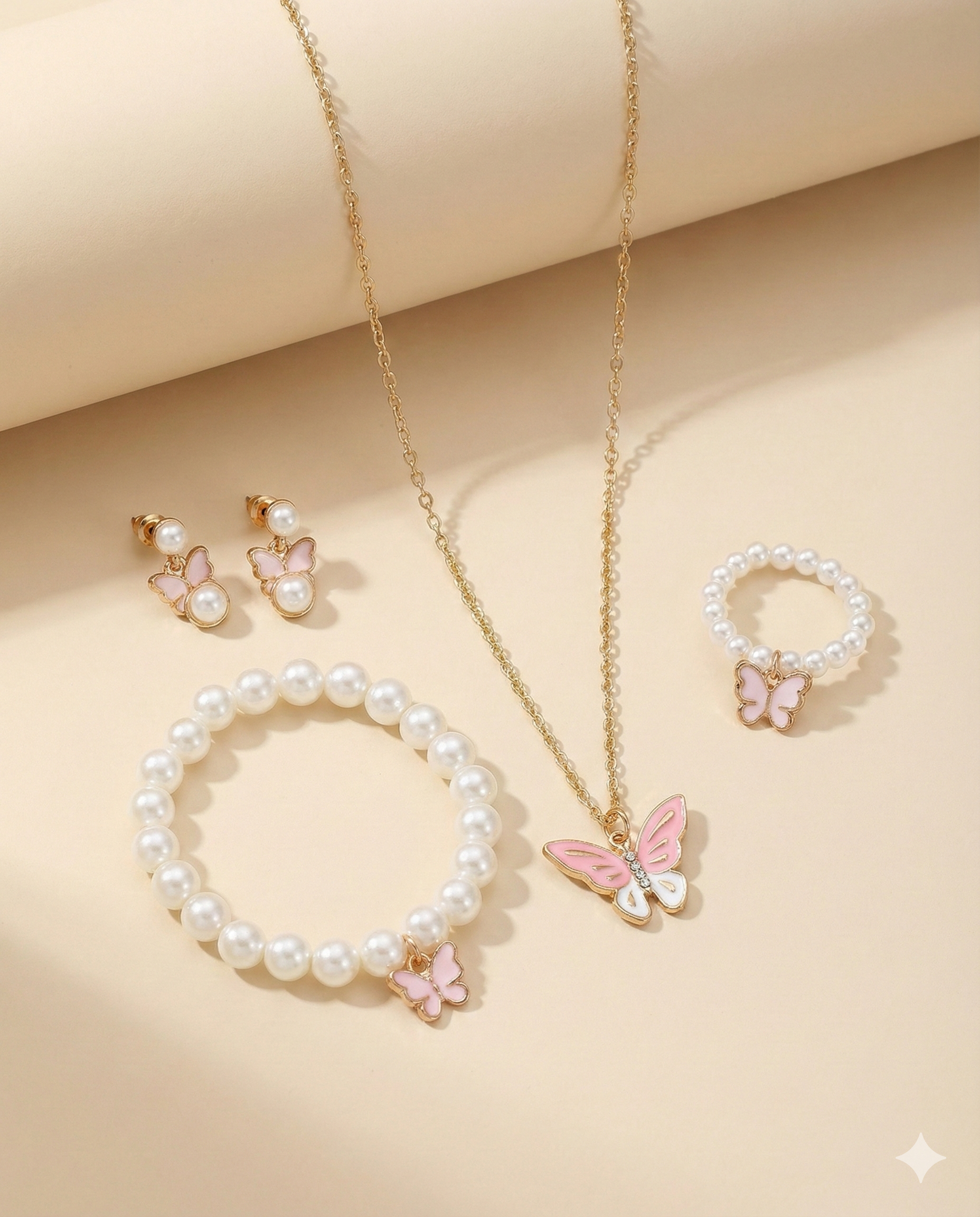 Butterfly Pearl Jewelry Set for Girls – Necklace, Bracelet, Ring & Earrings