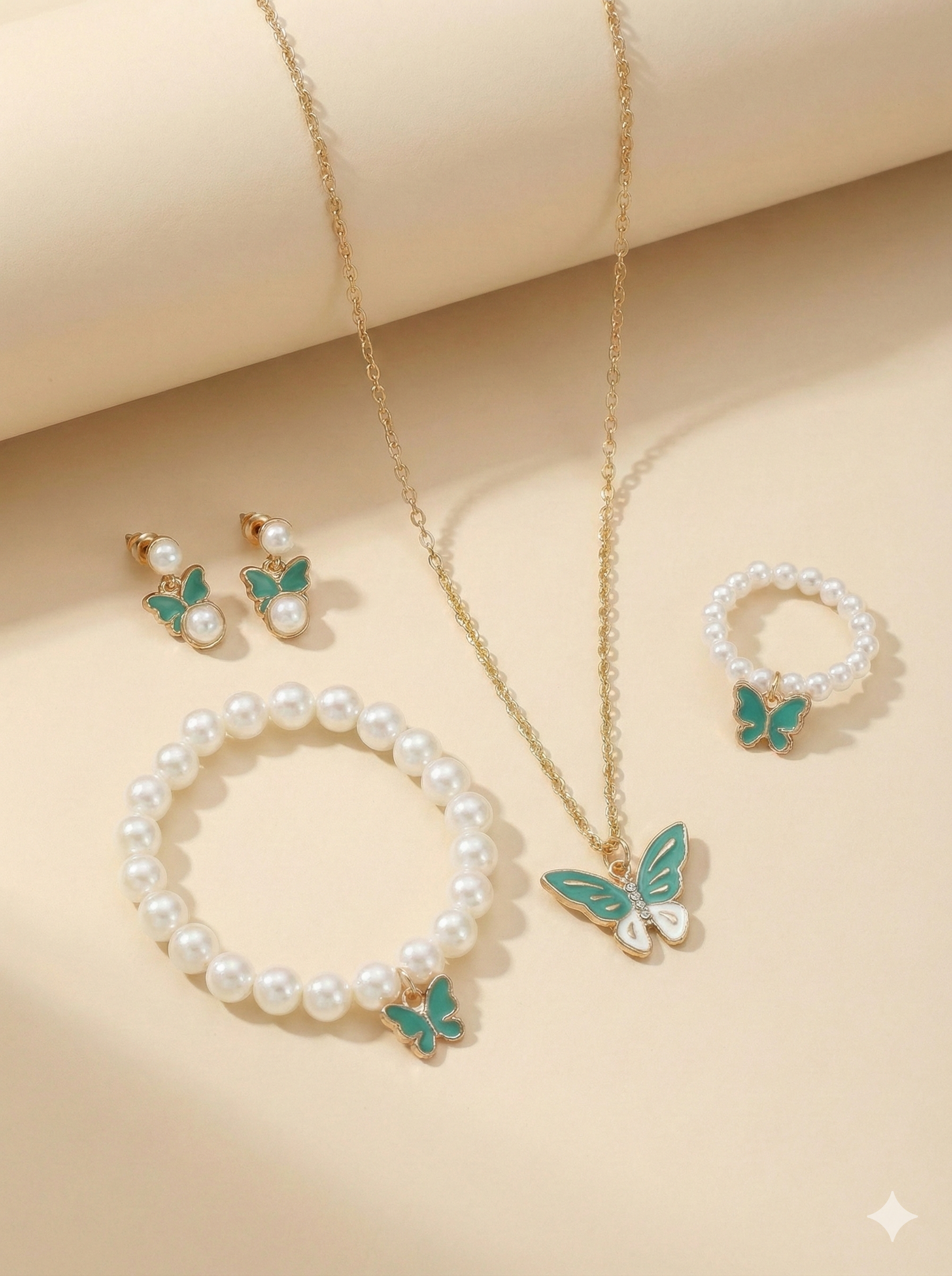Butterfly Pearl Jewelry Set for Girls – Necklace, Bracelet, Ring & Earrings