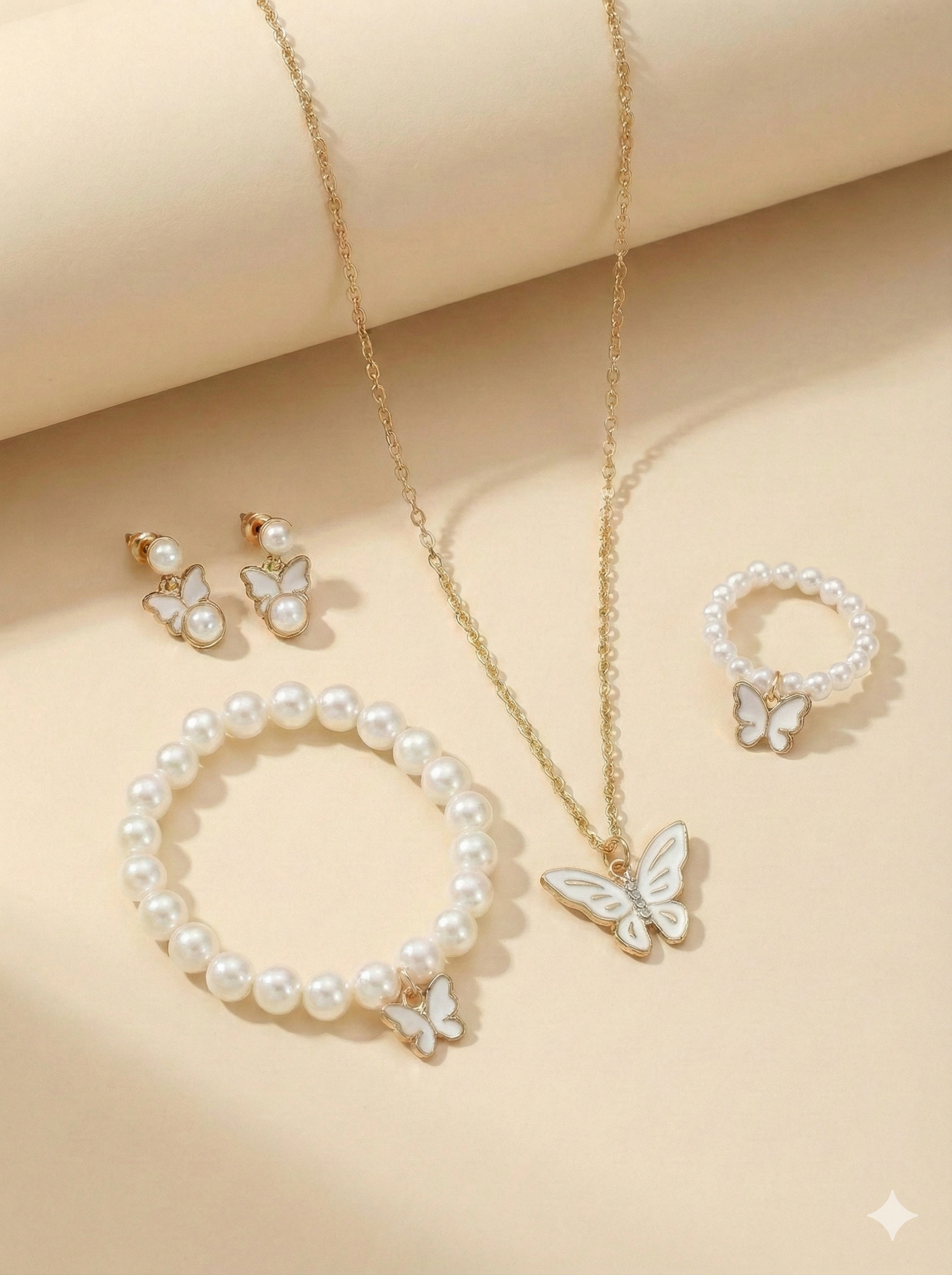 Butterfly Pearl Jewelry Set for Girls – Necklace, Bracelet, Ring & Earrings