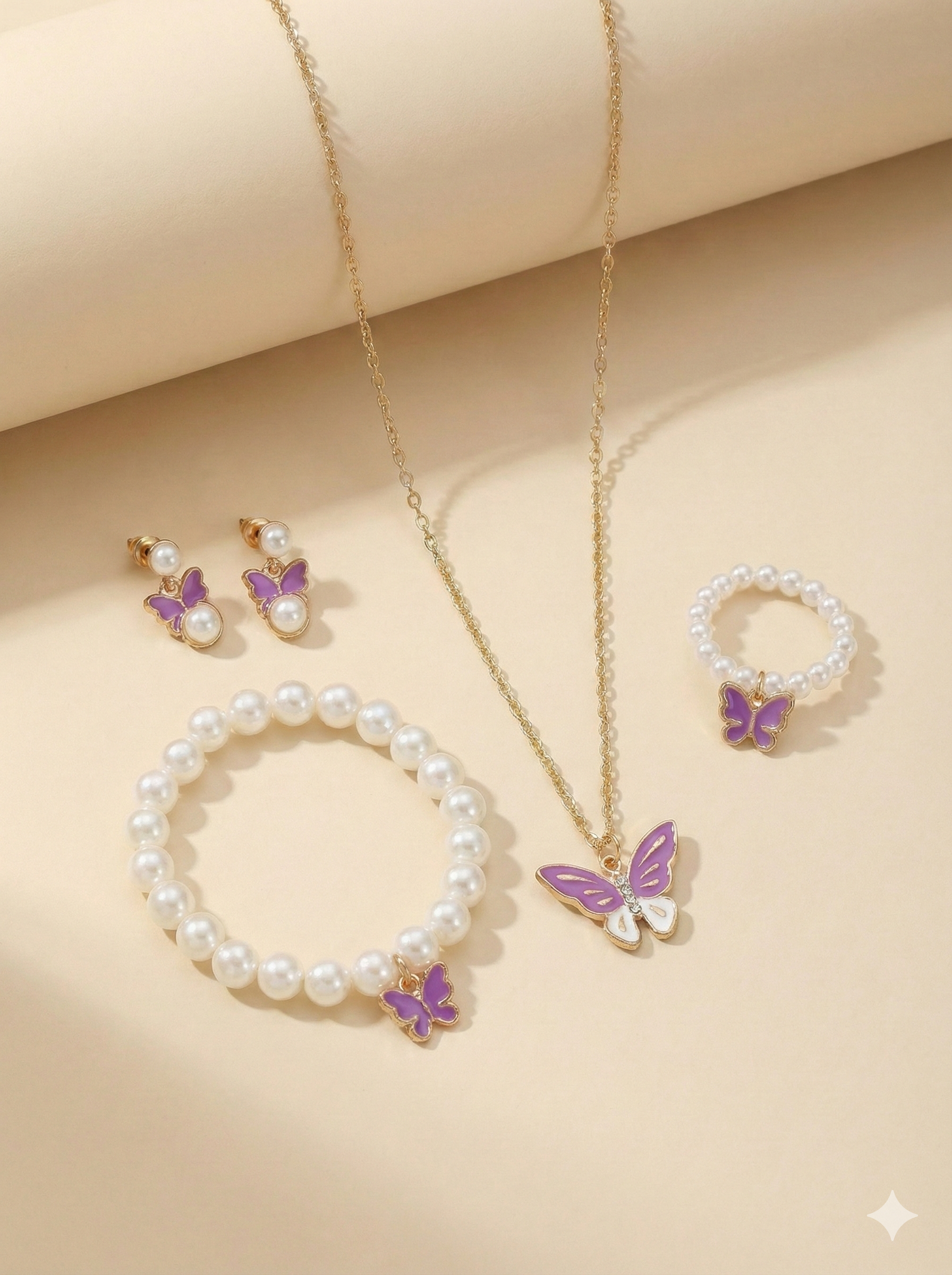Butterfly Pearl Jewelry Set for Girls – Necklace, Bracelet, Ring & Earrings