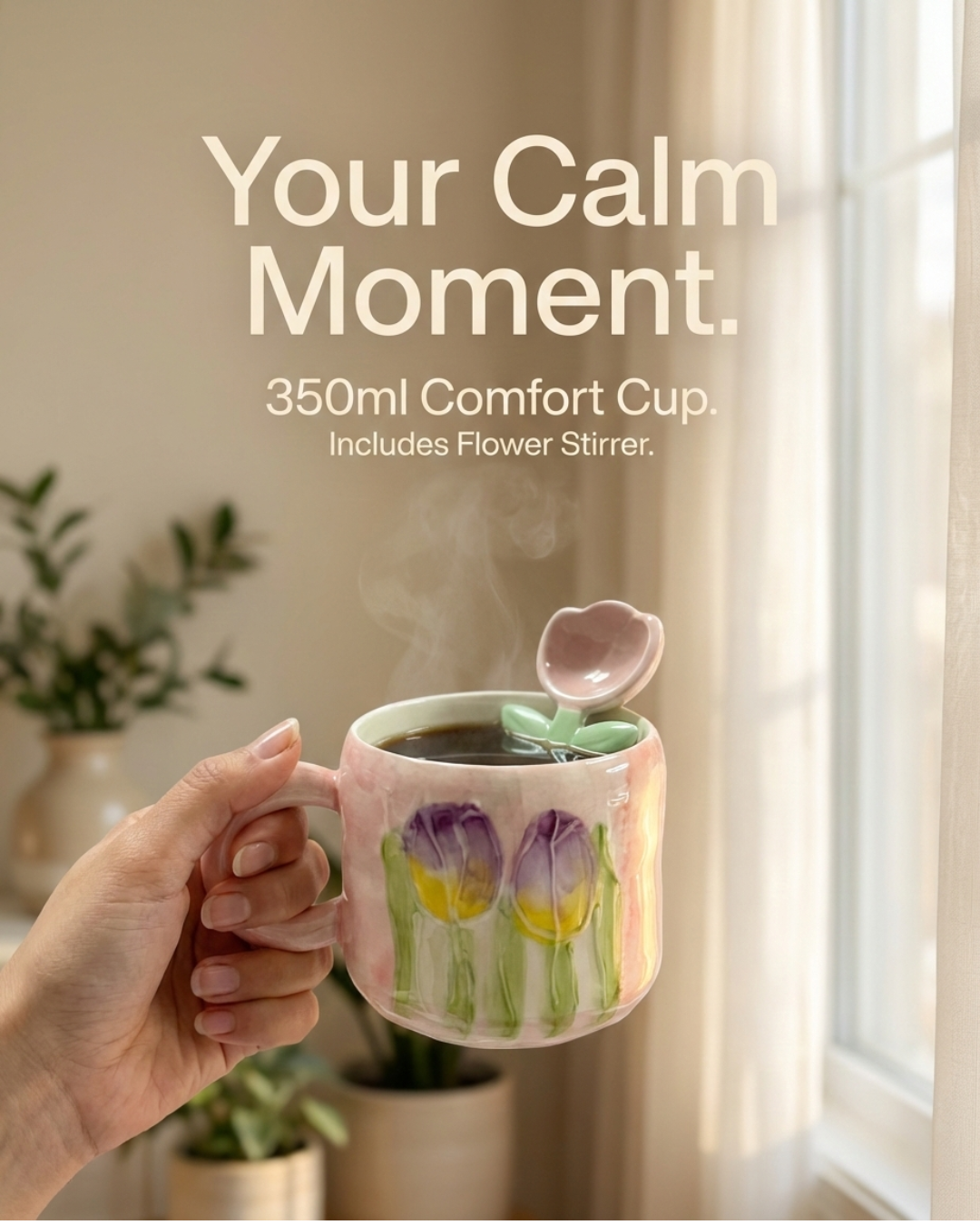 Tulip Bloom Ceramic Mug Set (350ml) with Flower Stirrer