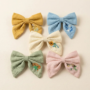 Embroidered Linen Bow Hair Clip – Floral Statement Bow