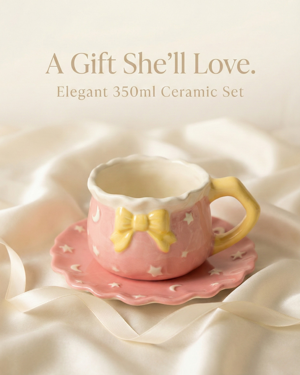 Starlight Bow Tea Set – 350ml Premium Ceramic Cup & Saucer