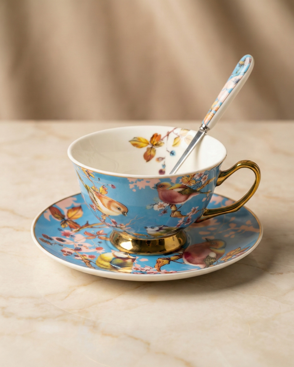Bird-Inspired Ceramic Cup & Saucer Set with Spoon – 350ml