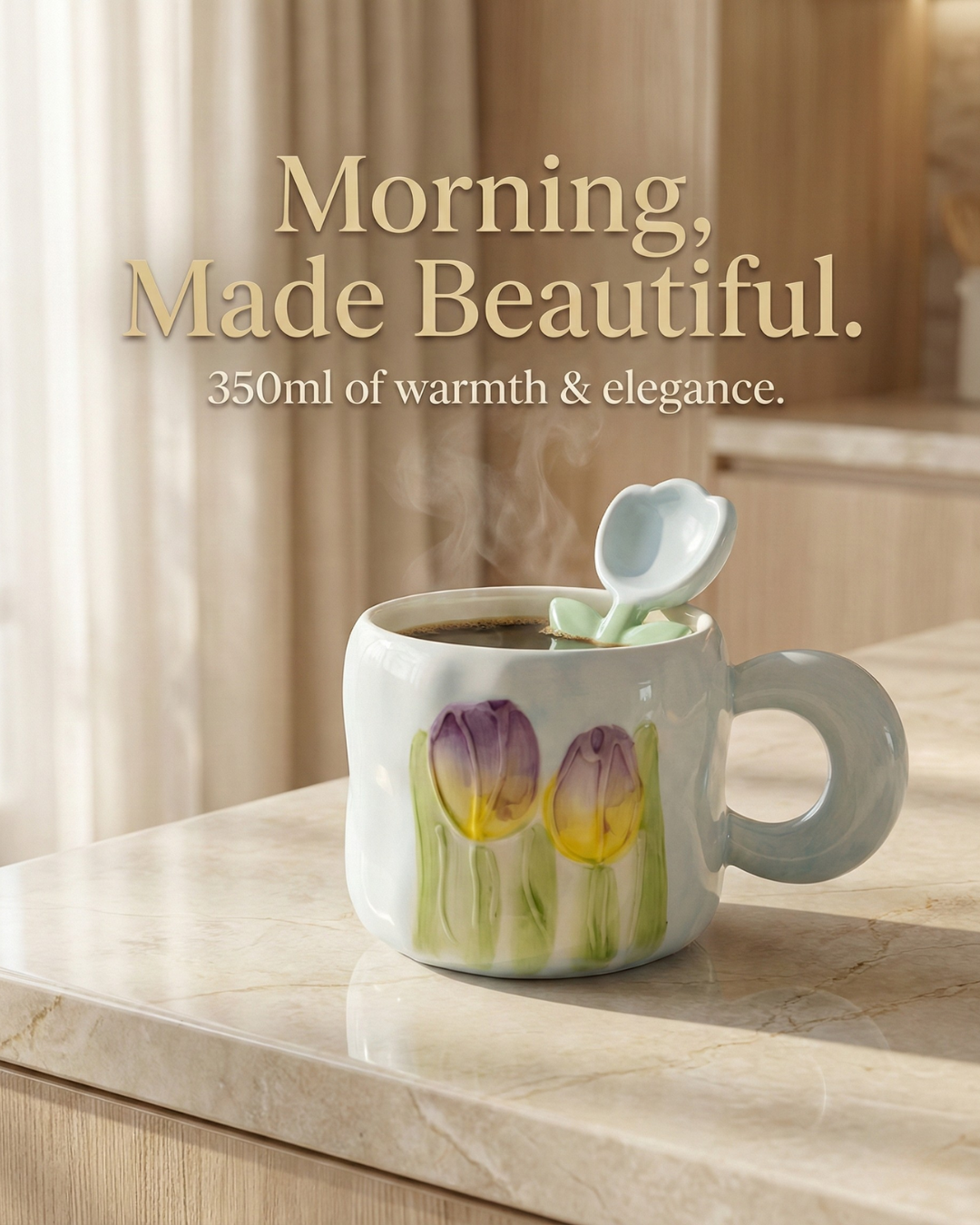 Tulip Bloom Ceramic Mug Set (350ml) with Flower Stirrer