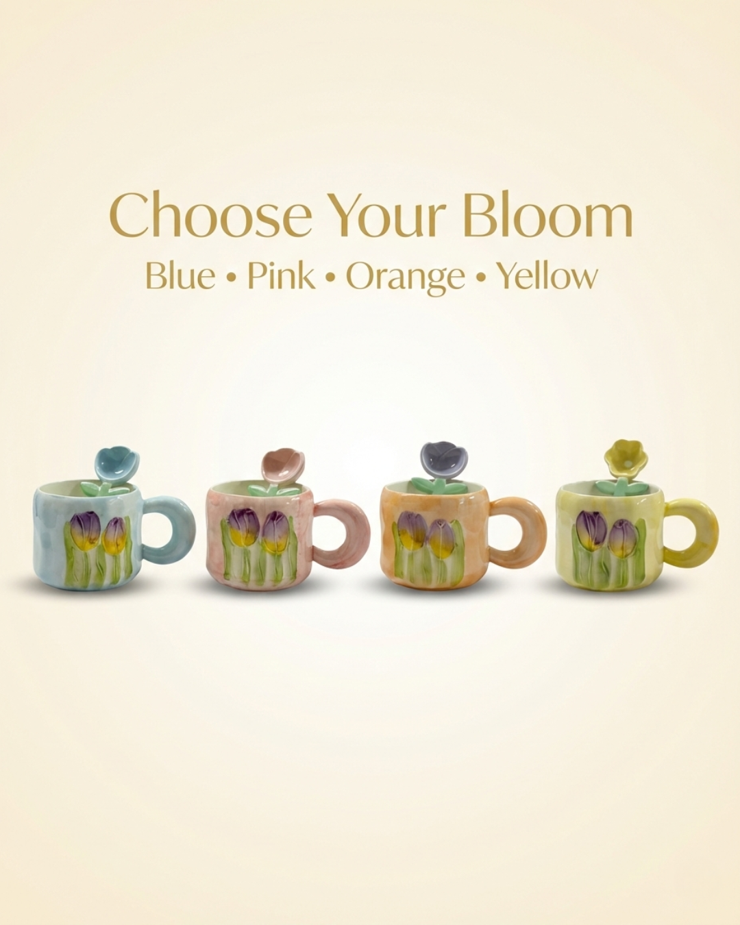 Tulip Bloom Ceramic Mug Set (350ml) with Flower Stirrer