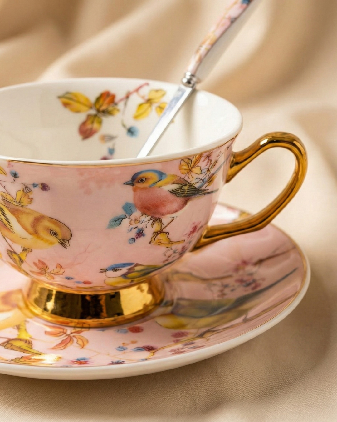 Bird-Inspired Ceramic Cup & Saucer Set with Spoon – 350ml