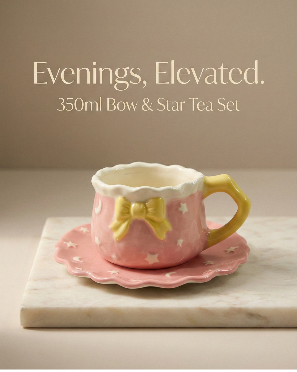 Starlight Bow Tea Set – 350ml Premium Ceramic Cup & Saucer