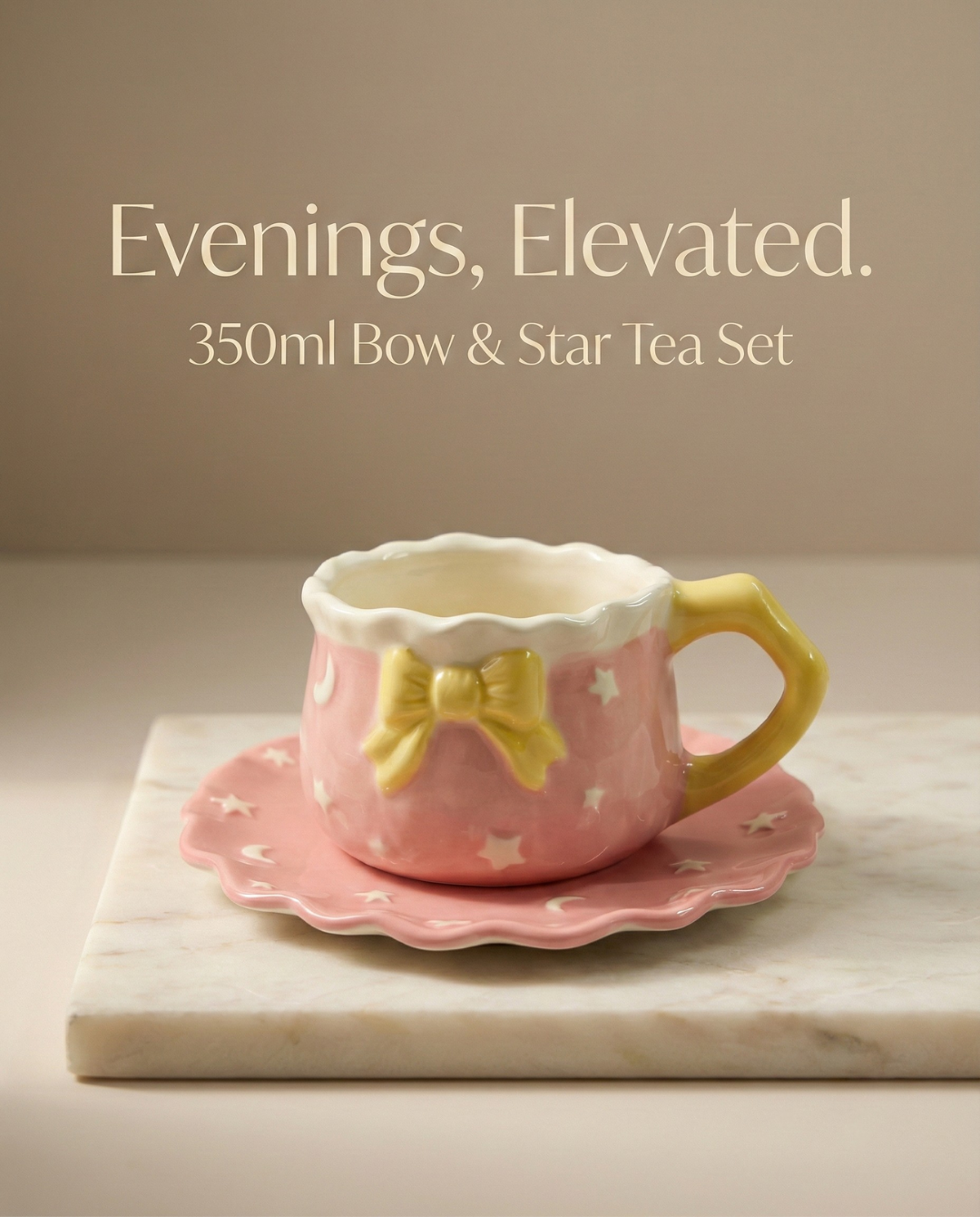Starlight Bow Tea Set – 350ml Premium Ceramic Cup & Saucer