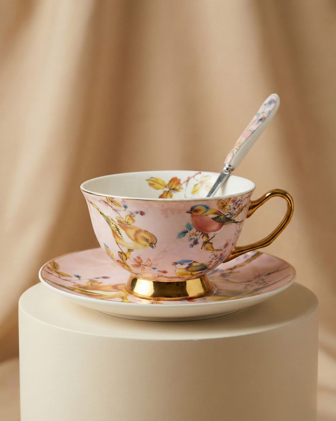 Bird-Inspired Ceramic Cup & Saucer Set with Spoon – 350ml