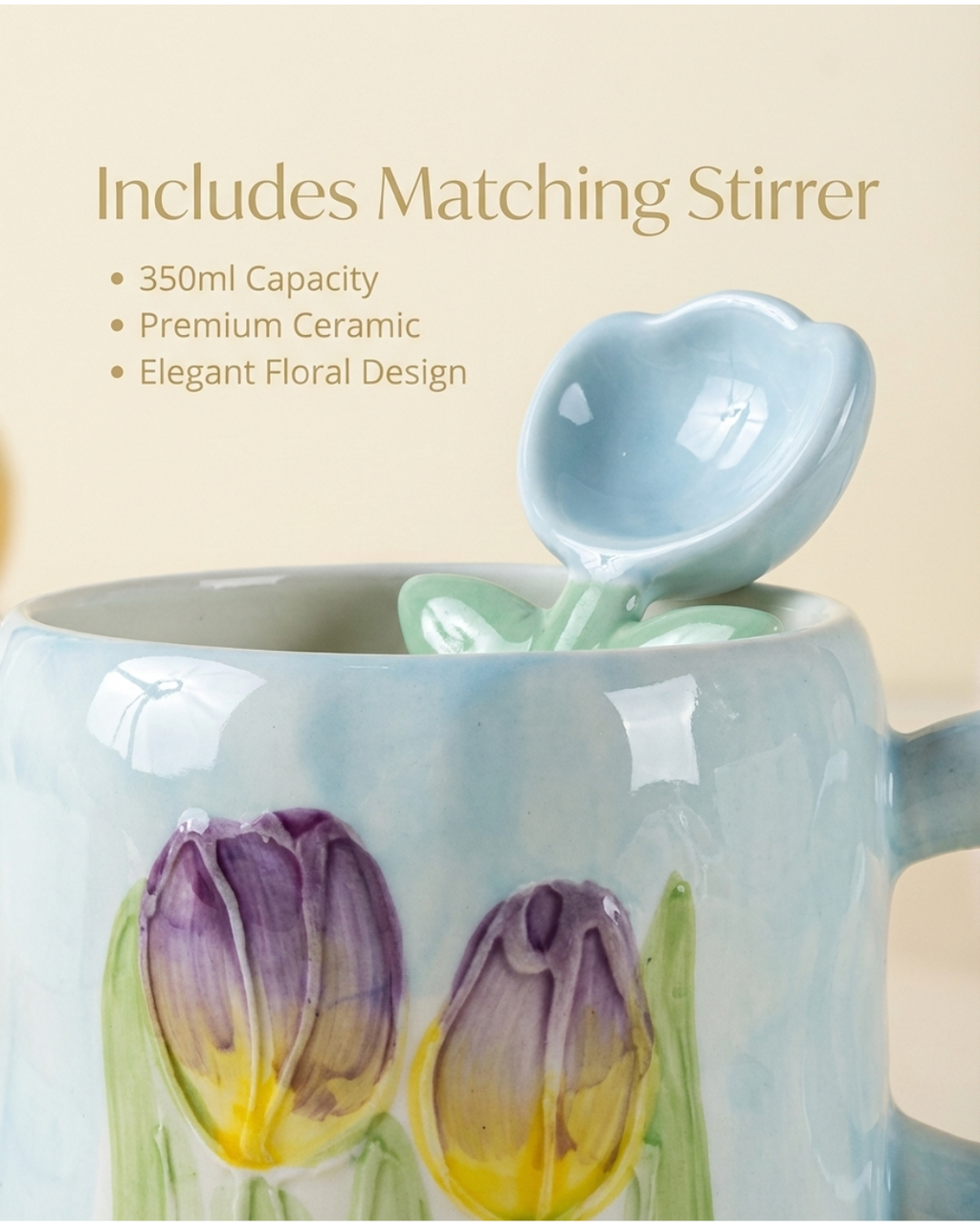 Tulip Bloom Ceramic Mug Set (350ml) with Flower Stirrer