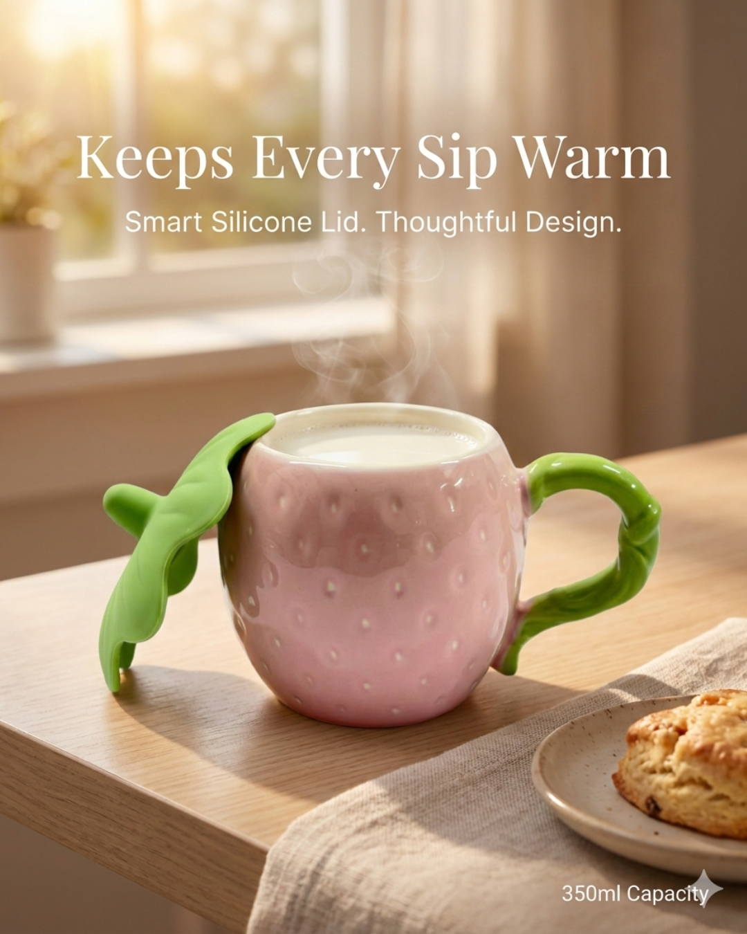 Strawberry Ceramic Cup with Silicone Lid – 350ml Heat-Lock Mug