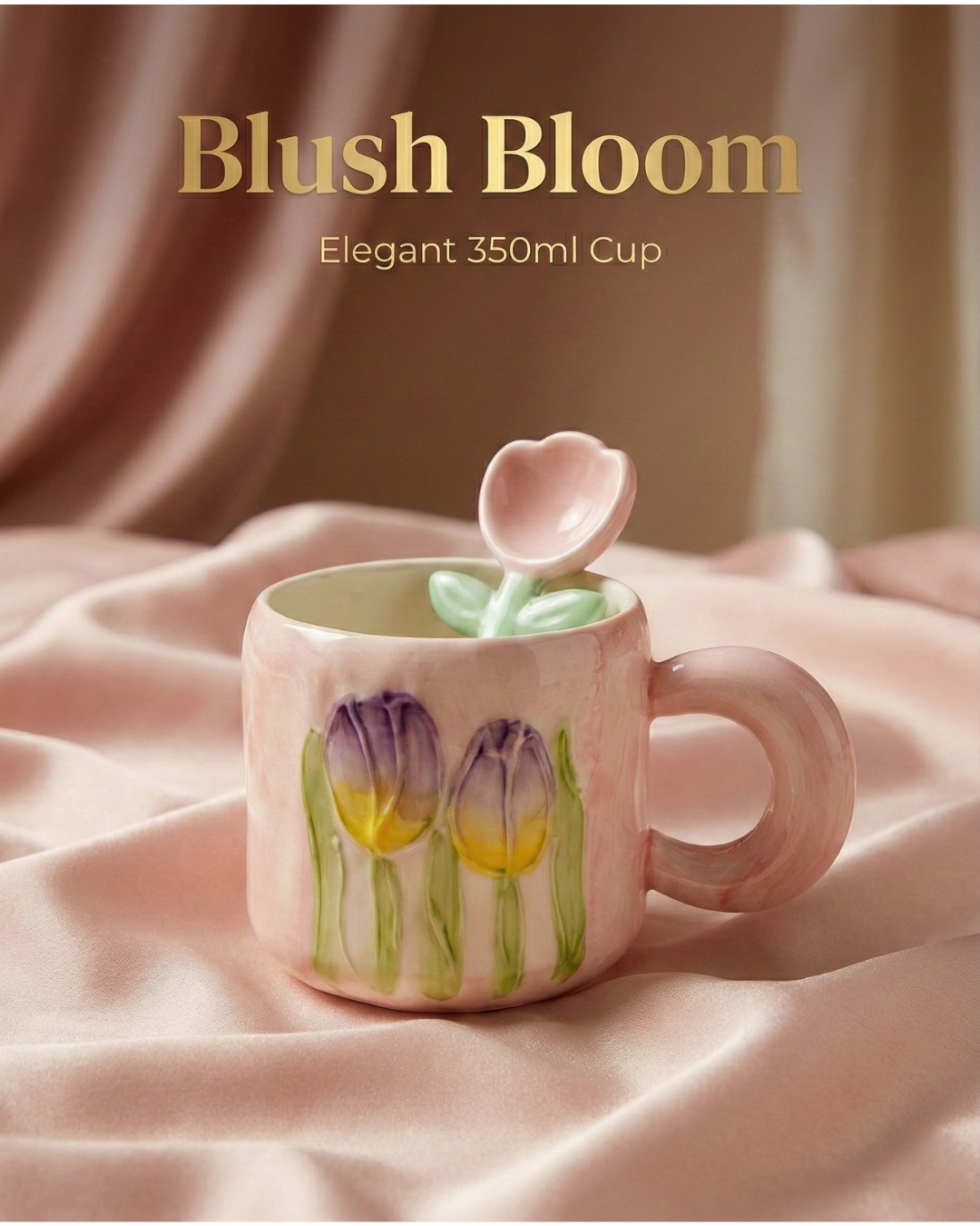 Tulip Bloom Ceramic Mug Set (350ml) with Flower Stirrer