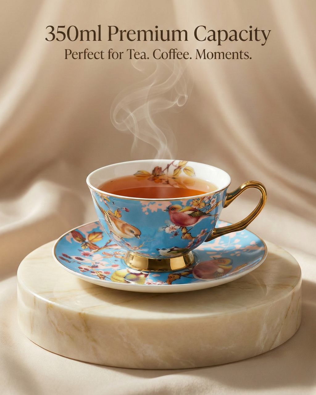 Bird-Inspired Ceramic Cup & Saucer Set with Spoon – 350ml
