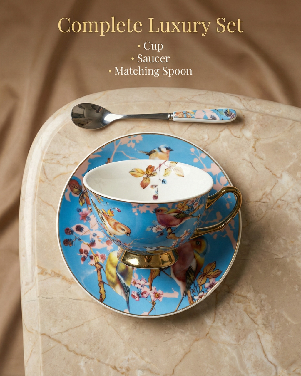 Bird-Inspired Ceramic Cup & Saucer Set with Spoon – 350ml