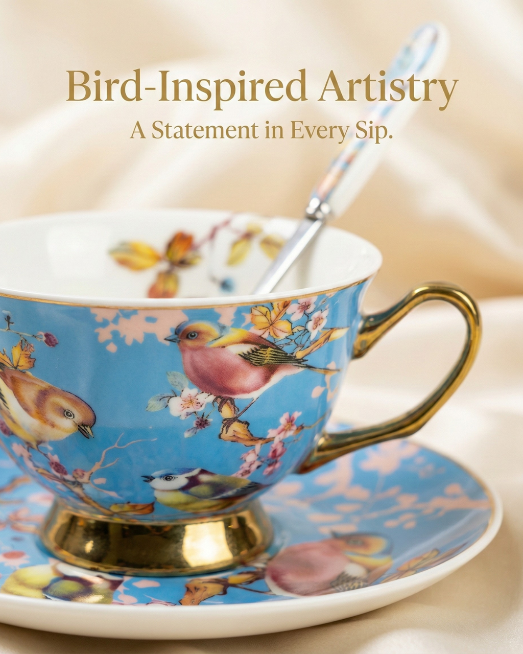 Bird-Inspired Ceramic Cup & Saucer Set with Spoon – 350ml