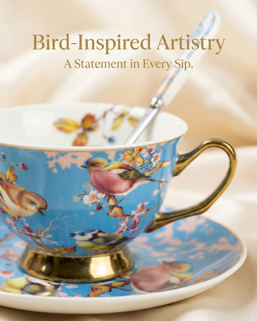 Bird-Inspired Ceramic Cup & Saucer Set with Spoon – 350ml