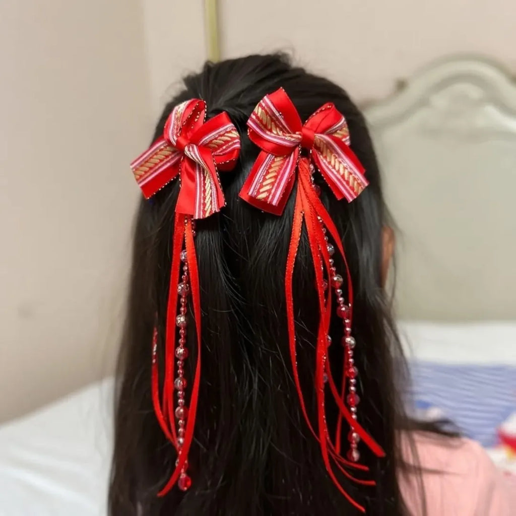 Festive Red Bow Hair Clip Set for Girls