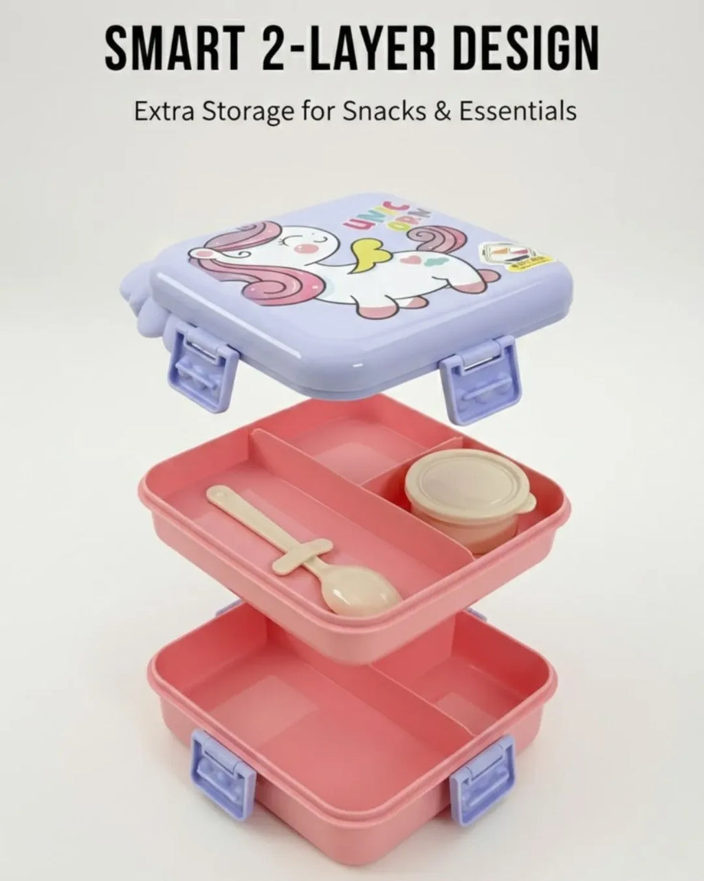 Unicorn 2-Layer Kids Lunch Box with Spoon & Sauce Cup
