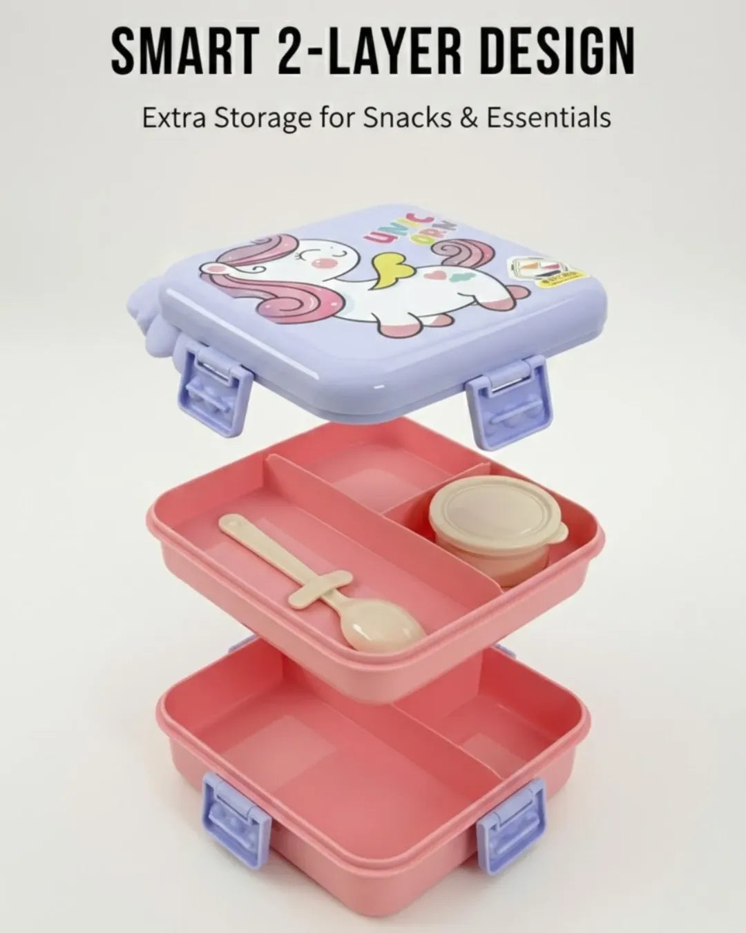 Unicorn 2-Layer Kids Lunch Box with Spoon & Sauce Cup