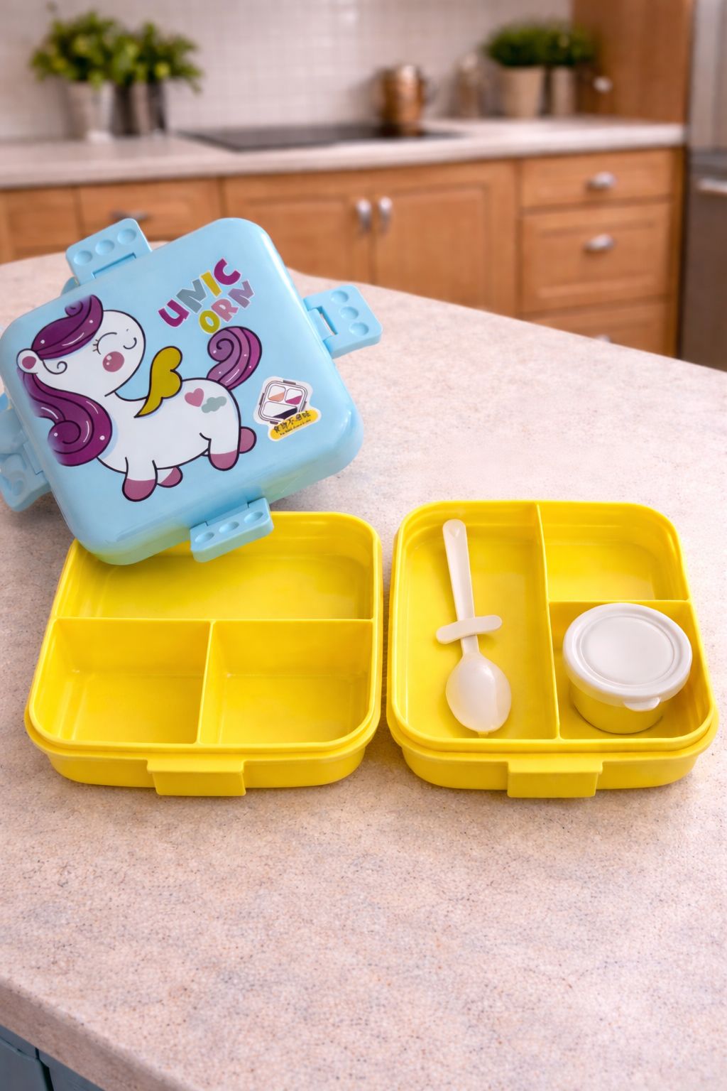 Unicorn 2-Layer Kids Lunch Box with Spoon & Sauce Cup