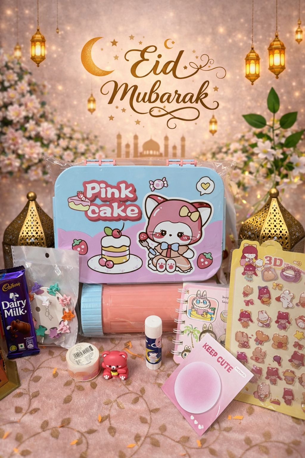 Eidi With Love – Premium Kids Eid Hamper | BPA-Free Lunch Box & Sipper Set (Pink & Blue)