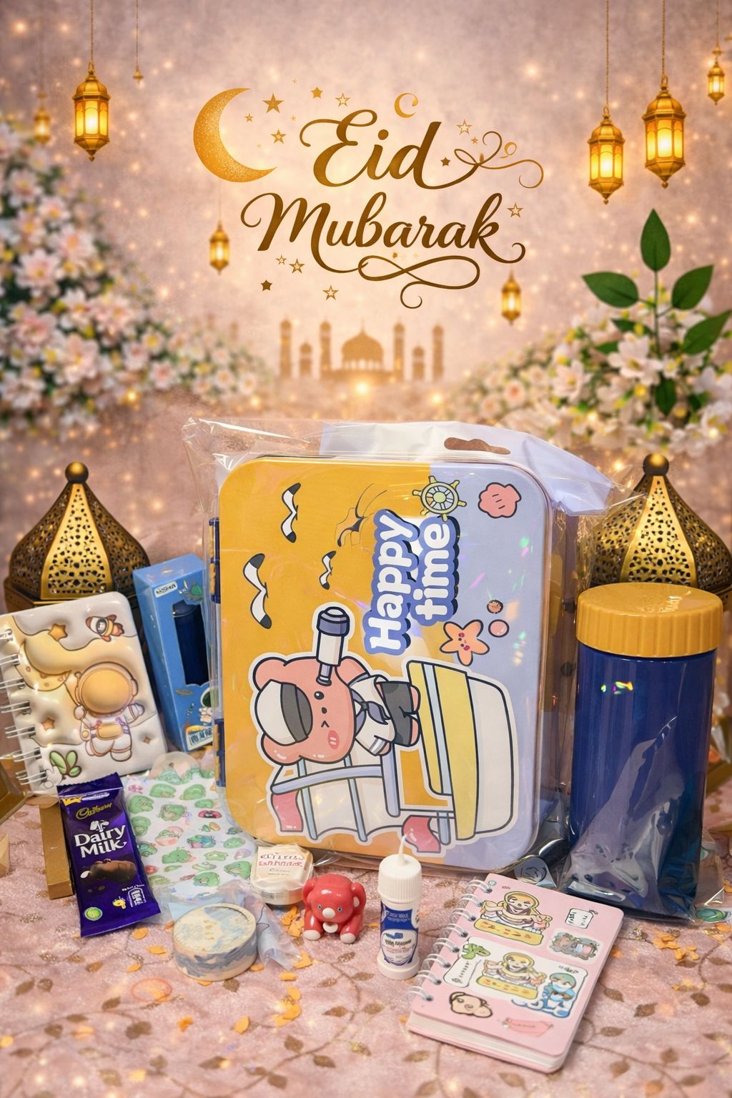 Eidi With Love – Premium Kids Eid Hamper | BPA-Free Lunch Box & Sipper Set (Pink & Blue)
