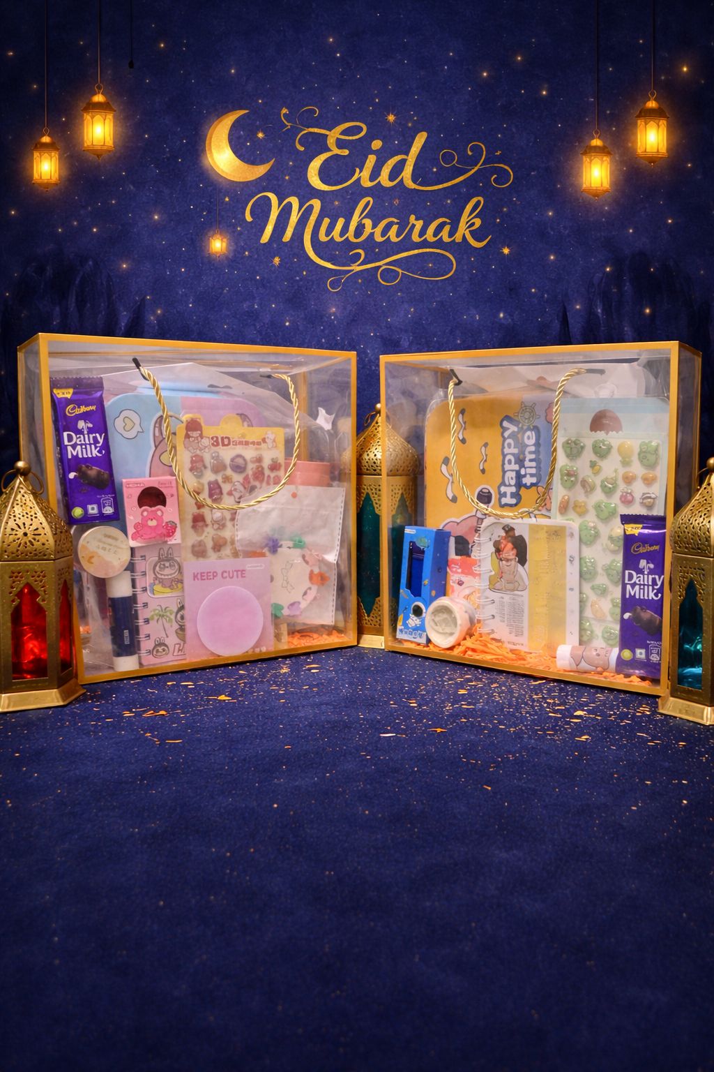 Eidi With Love – Premium Kids Eid Hamper | BPA-Free Lunch Box & Sipper Set (Pink & Blue)