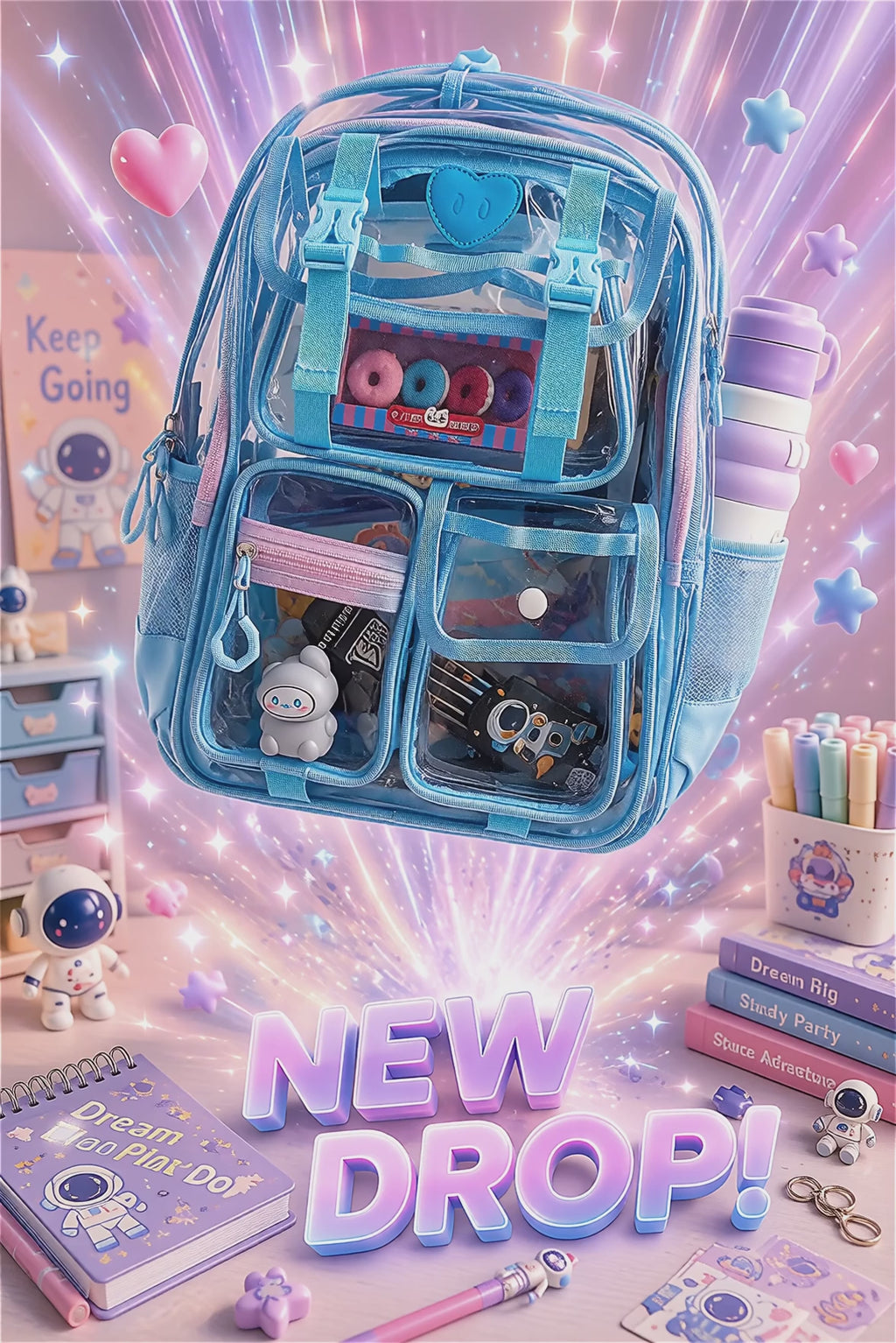 Peekaboo Pop Transparent Backpack | Sky Blue – Cute & Functional School Bag