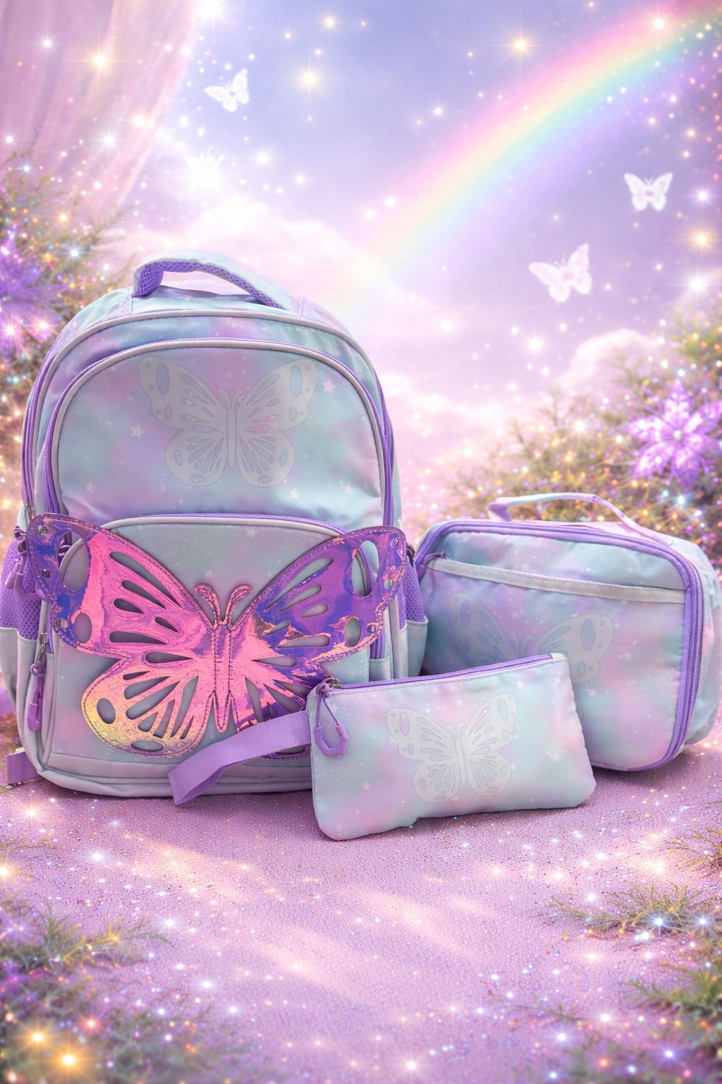 Enchanted Butterfly 3-Piece School Bag Set – Backpack with Insulated Tiffin Bag & Pencil Pouch