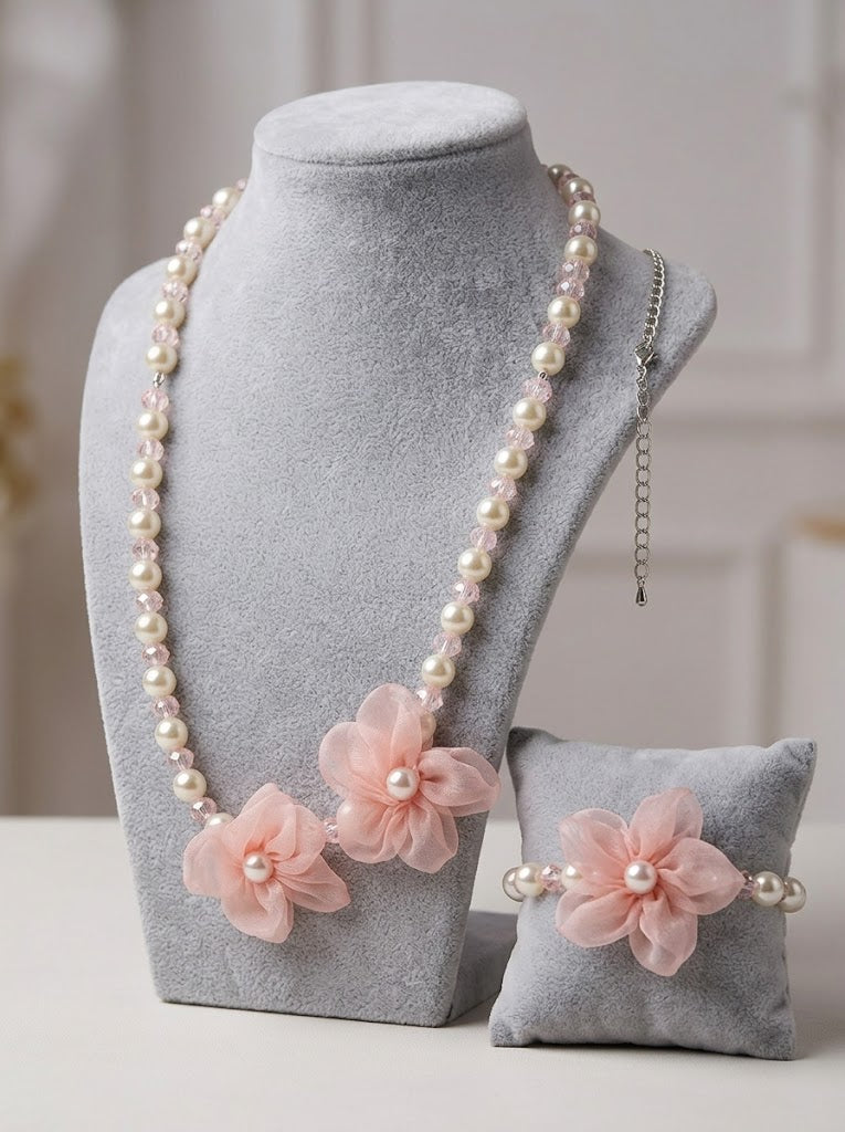 The Organza Blossom Necklace & Bracelet Set | Premium Floral Pearl Accessories | Blush Blossom