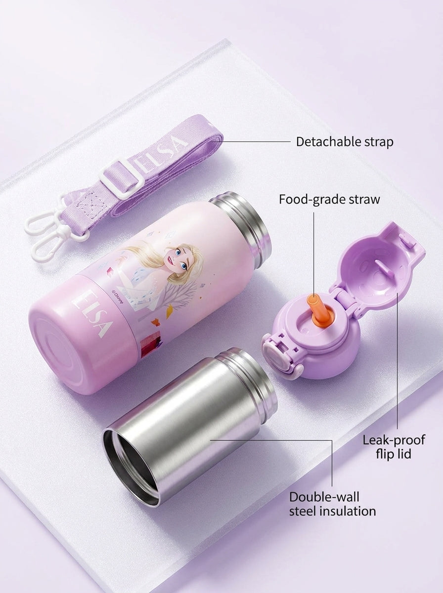 Elsa Magic Dual-Drink Insulated Steel Bottle with Strap | 500 ml