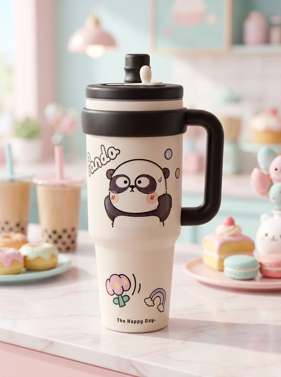 Happy Day Character Steel Insulated Tumbler – 1000ml | Premium Large Capacity Cup with Handle