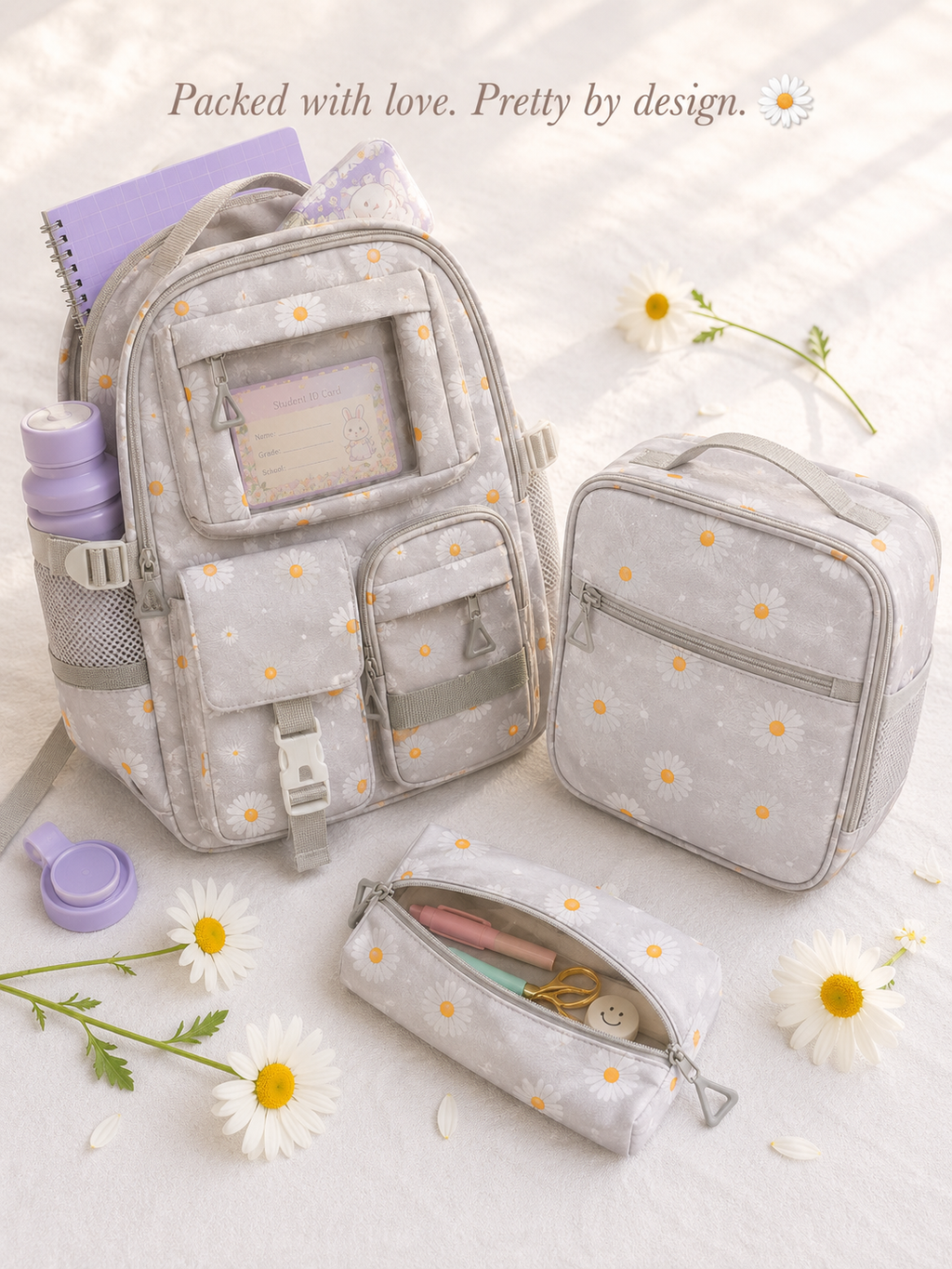 Daisy Collection Backpack Set (3-in-1) – Cloud Grey & Midnight Daisy | Kids School Bag with Lunch Bag & Pencil Pouch