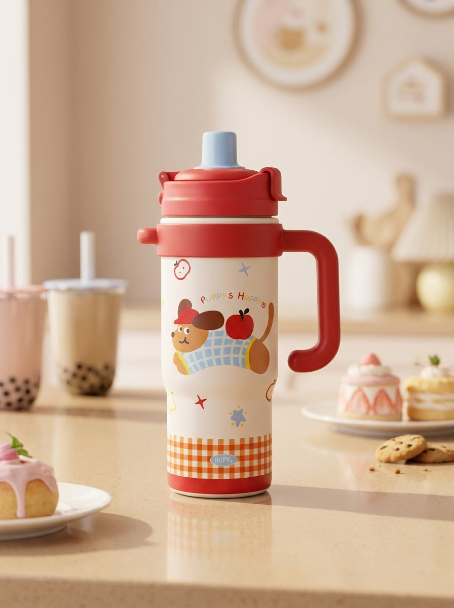 Puppy's Happy Steel Insulated Tumbler – 850ml | Cute Character Travel Cup with Handle