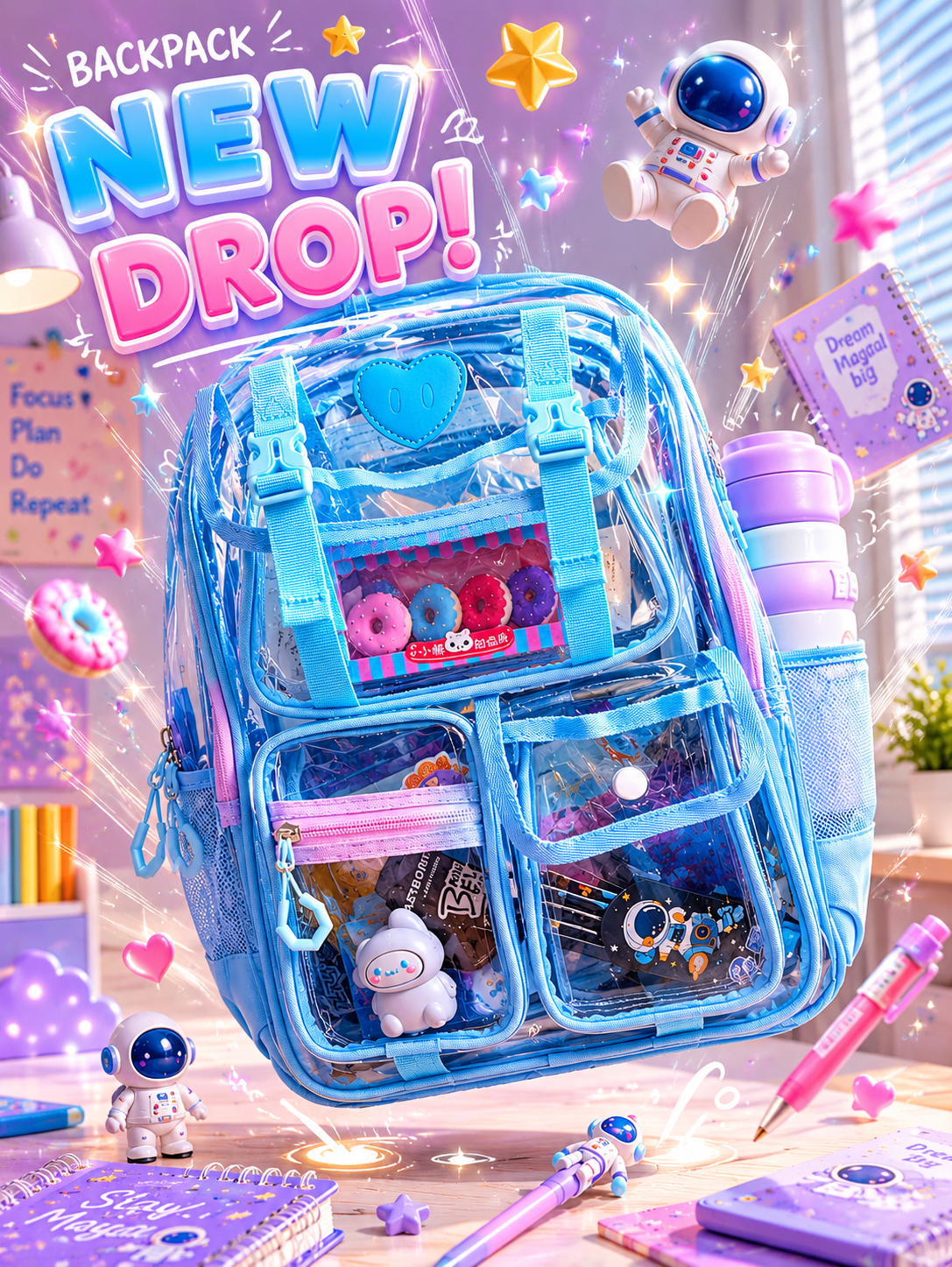 Peekaboo Pop Transparent Backpack | Sky Blue – Cute & Functional School Bag
