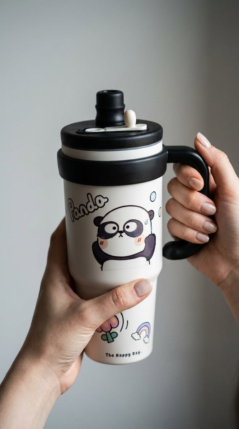 Happy Day Character Steel Insulated Tumbler – 1000ml | Premium Large Capacity Cup with Handle