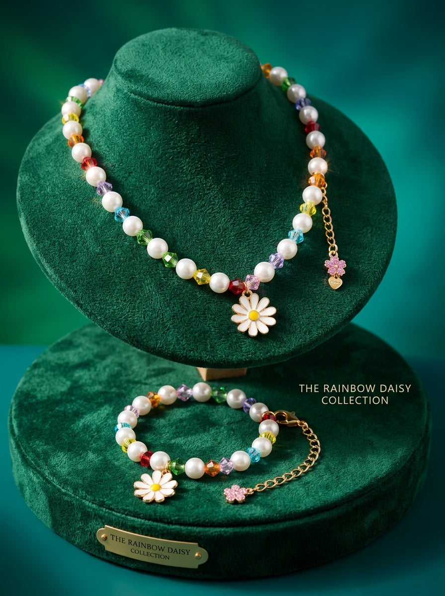 The Daisy Pearl Necklace & Bracelet Set | Floral Beaded Jewelry Collection | Rainbow Daisy