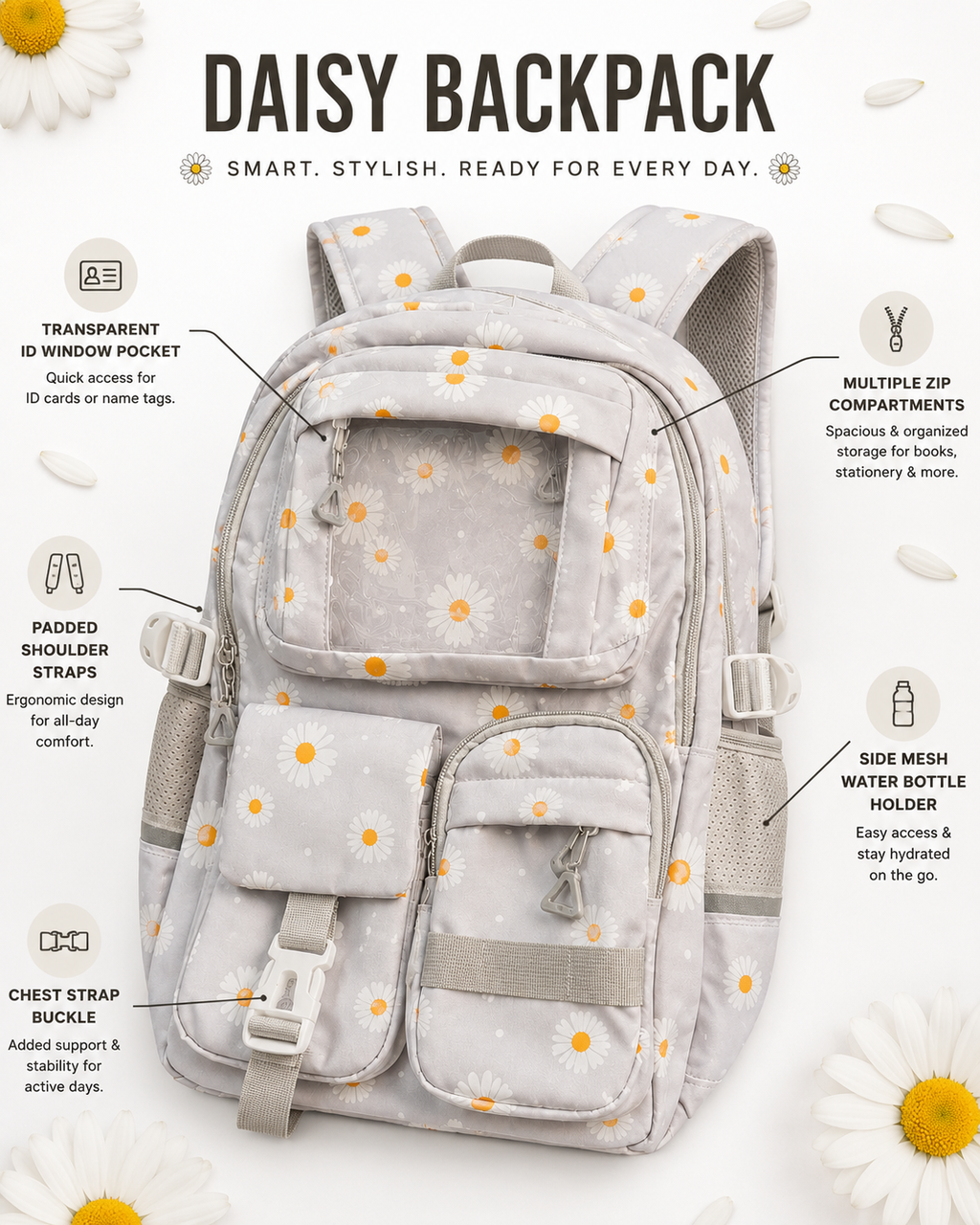 Daisy Collection Backpack Set (3-in-1) – Cloud Grey & Midnight Daisy | Kids School Bag with Lunch Bag & Pencil Pouch