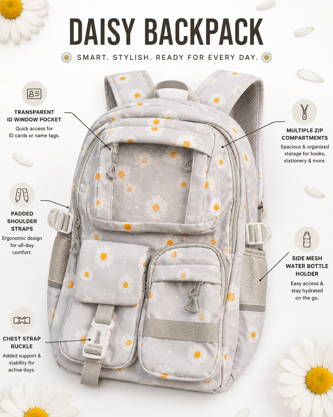 Daisy Collection Backpack Set (3-in-1) – Cloud Grey & Midnight Daisy | Kids School Bag with Lunch Bag & Pencil Pouch